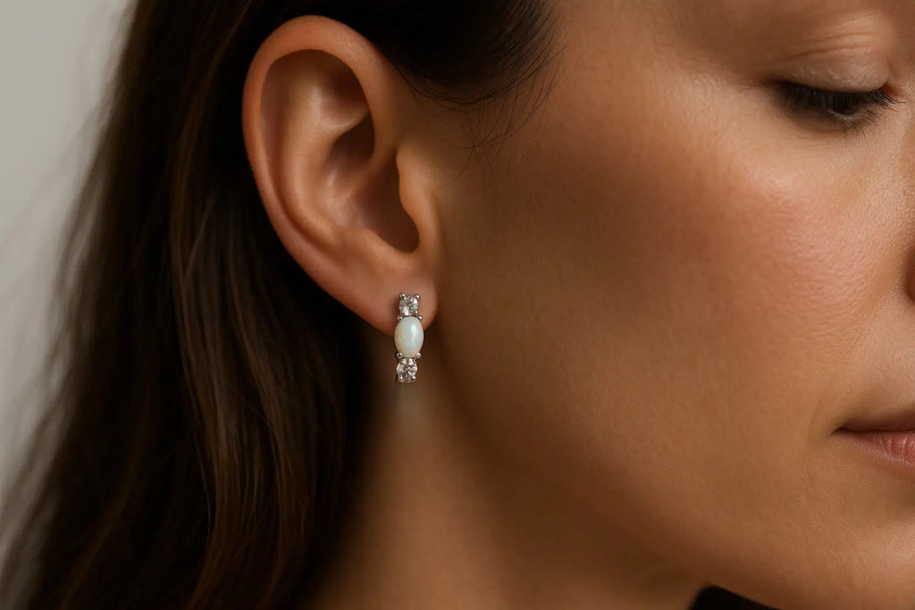 Ασημένια Σκουλαρίκια Κρίκοι 925 με Οπάλιο και Κυβική Ζιργκονία Aurelia The Golden One