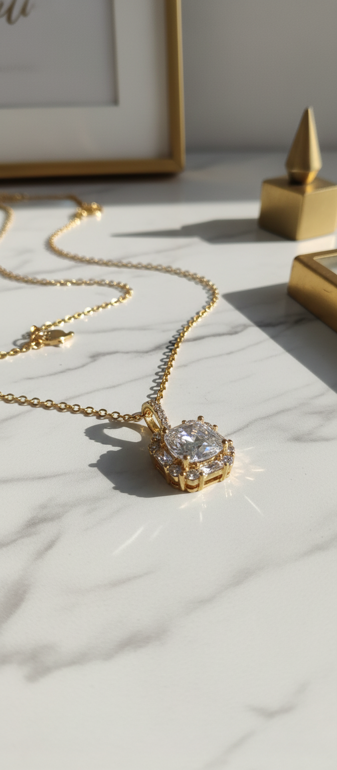 Aurelia Crystal Halo Necklace - Luxury Gold Chain with Cushion-Cut Pendant Aurelia the Golden One